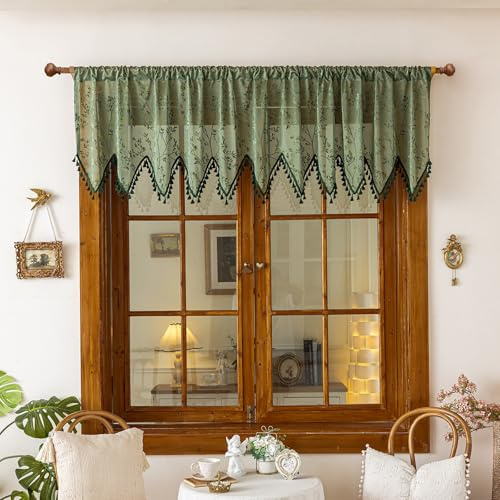Tolldek Scheibengardinen Landhausstil Blatt Reben Muster Voile Vintage Kurz Küche Kurzstore Gardinen Bistrogardinen Kleine Fenstergardinen Türvorhang mit Quaste, Grün, H60x180cm
