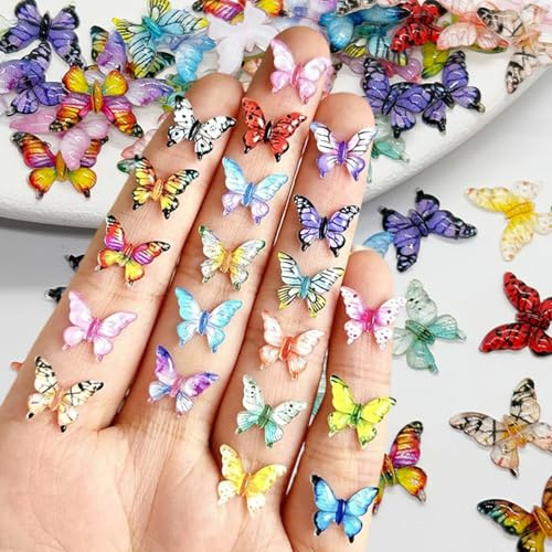 50 Stücke Mikro Schmetterling Resin, Sortiert Bunte Kleine Schmetterlinge Deko, 3D Schmetterling Nagel Charms für DIY Feengarten Puppenhaus Dekoration Miniaturgärten