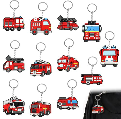 Simsky 12 Stück Feuerwehr Schlüsselanhänger Set, Feuerwehr Zubehör als Partygeschenk zum Feuerwehr Geburtstag, Lustige Feuerwehrauto Anhänger für Schlüssel & Rucksack