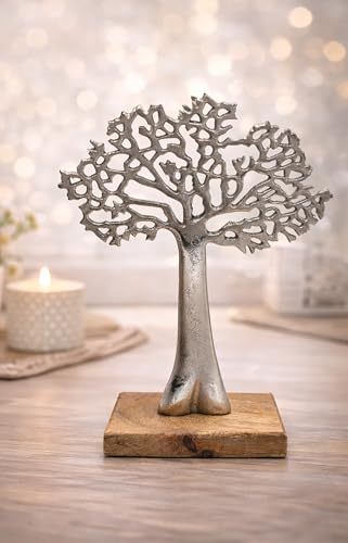 KAMACA Lebensbaum Deko aus Aluminium auf Holzsockel 26,5 cm – Symbol für Glück & Kraft – Moderne Wohnraumdeko für Fensterbank, Regal & Geschenkidee