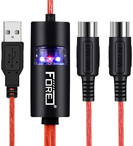 FORE MIDI to USB Interface MIDI Adapter with Input&Output Connecting with Keyboard/Synthesizer for Editing&Recording Track work with Windows/Mac OS for Studio USB 2.0 Color Red - 2M