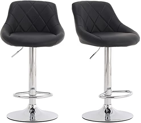 Millhouse Set of 2 Modern Bar Stools, Adjustable Swivel Gas Lift, Leatherette Exterior, Chrome Footrest & Base for Kitchen, Breakfast Bar, Counter, DM931-Black
