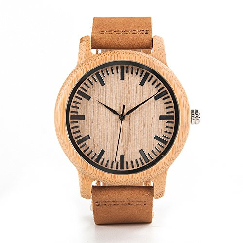 Kim Johanson Herren Bambus-Holz Armbanduhr *Beach* in Braun mit Echtem Lederarmband Handgefertigt Quarz Analog Uhr inkl. Geschenkbox