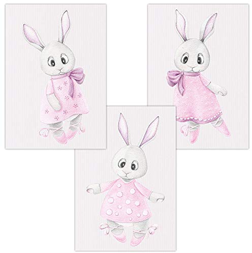Olgs Kinderzimmer 3er Bilder Set | Deko Wandbilder | Mädchen Wandposter DIN A4 | Wanddeko für Babyzimmer | Poster Ballerina Hase in rosa