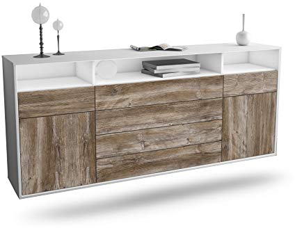 Dekati Sideboard Bellevue hängend (180x77x35cm) Korpus Weiss matt - Front Holz-Design Treibholz - Push to Open - Leichtlaufschienen