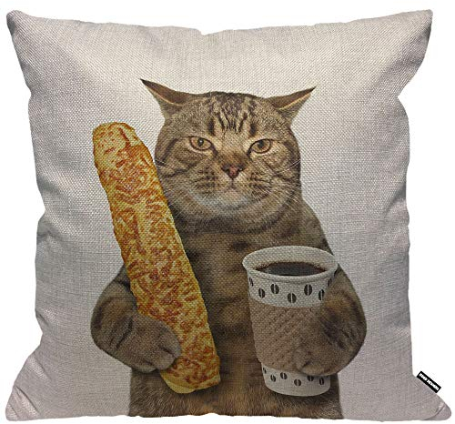 HGOD DESIGNS Kissenbezug Lustig Katze Cat Die Katze Ist Halten A Cup Von Schwarz Kaffee Und A Baguette Kissenhülle Haus Dekorativ Für Jungen/Mädchen Wohnzimmer Schlafzimmer Sofa Kissenbezüge 45X45cm
