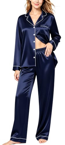 SWOMOG Conjunto de pijama de satén de seda para mujer, manga larga, con botones, conjunto de pijama de 2 piezas, tallas XS a 3XL, Azul Marino Profundo, Large