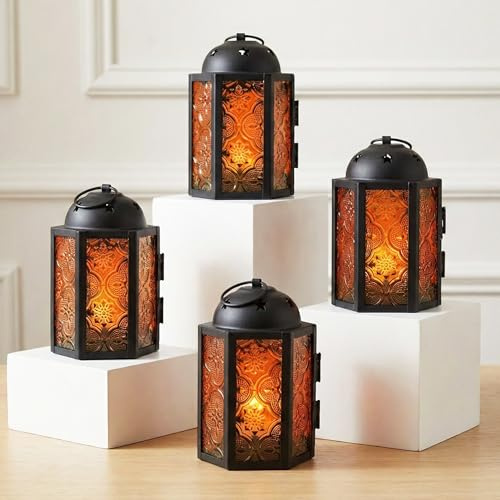 Lot de 4 mini photophores d'Halloween - 10,8 cm - Petite lanterne marocaine décorative pour table ou suspension - En métal avec panneaux de verre - Ramadan, mariage, décoration d'intérieur, orange