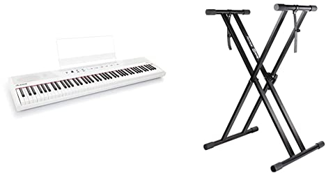 Alesis Recital Piano Eléctrico 88 Teclas Semi Contrapesadas con Altavoces & Soporte para teclado RockJam Xfinity preensamblado, doble arriostrado