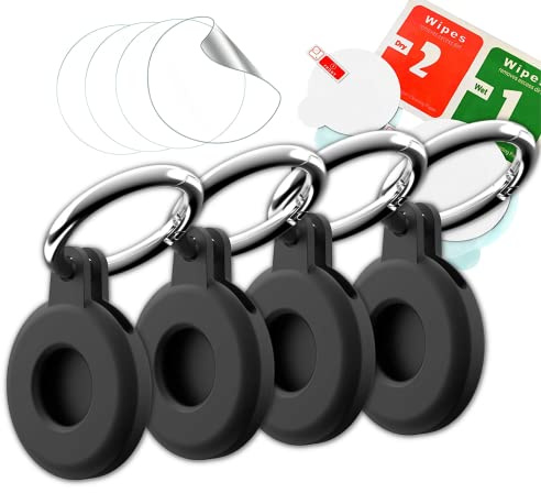BLAUBODY✸ 4er-Pack Schutzhüllen + schwarzer Schlüsselanhänger (kompatibel mit Apple AirTags) Tracker-Schutzhüllen x4 Kratzfeste Hüllen + Schlüsselanhänger für Verschiedene Orte