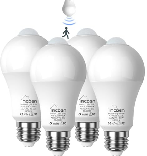 Motion Sensor Light Bulb, Indoor Motion Activation Detector Light Bulb, E26 Base Dusk to Dawn Security Night Light 13.5W Equivalent 100W 6000K Daylight 4 Packs