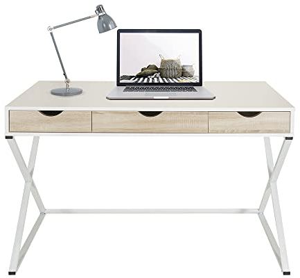 hjh OFFICE 821006 Schreibtisch mit Schubladen Easy Flow III Weiß/Eiche moderner Computertisch mit Stahl-Gestell, 120x50 cm