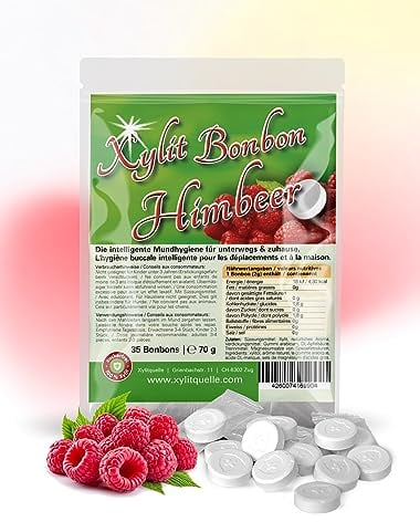 Xylit Bonbons | Tschüß Karies: 35 Zahnpflegebonbons mit 100% Birkenzucker Xylit | zuckerfrei, zahnfreundlich, vegan, einzeln verpackt | Himbeergeschmack