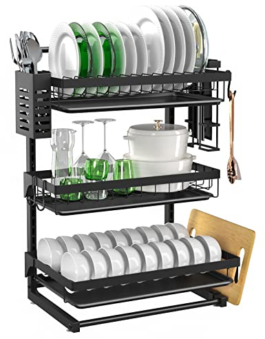 YOLEO Escurreplatos de 3 niveles, escurreplatos extraíble negro con 3 bandejas de goteo, escurreplatos de acero inoxidable con soporte para utensilios, secador de platos para encimera de cocina