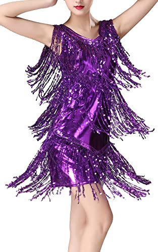 FEOYA Femme Robe à Paillettes Frangée Costume de Danse Latine Robe Gatsby sans Manche Charleston Zumba Rumba Chacha Robe Soirée Cocktail Club Violet XXL