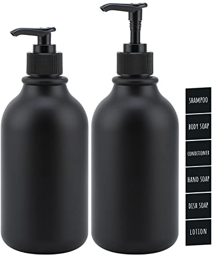 Segbeauty Distributeur Savon Noir Mat, 500ml 2 Pièces Flacon Pompe Set de Shampooing et Gel Douche, Lotion, Rechargeable Bouteilles Vide avec Étiquette avec Pompe, pour Bain, Cuisine, Hôtel-Buse Ronde