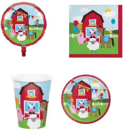 Granja de animales a juego para mesa de fiesta temática de granja de animales para 24 niños Kit (24 platos, 24 vasos, 32 servilletas, 1 bola de papel