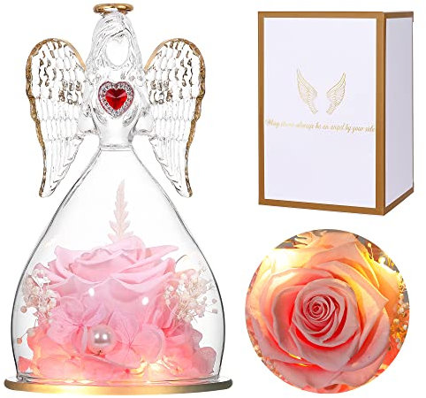 Ocosy Forever Real Rose Light Engel Geschenk, romantisches Geschenk für sie, konservierte echte Blume Rose in Engel Figuren Rose für Valentinstag Jahrestag Weihnachten - Rosa