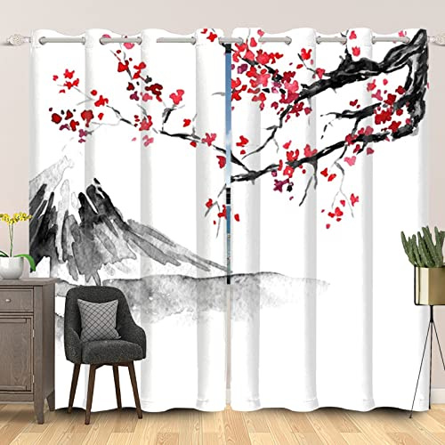 SDOTPMT 117x183cm Japonais Peinture à l'encre Rideau de fenêtre Rouge Cerise Fleur Montagne Rideaux de fenêtre Traditionnel Rideaux Opaques pour Salon Chambre Rideaux occultants, 2 Panneaux Style A