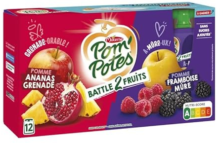COMPOTE GOURDES SANS SUCRES AJOUTES BATTLE 2 FRUITS POMME, POM'POTES, LOT DE 2