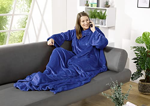 heimtexland ® Ärmeldecke TV Thermodecke mit Ärmeln und Taschen Sofadecke Ganzkörperdecke Kuscheldecke Flanell Weich und Wärmend Decke Typ848 Blau LxB 200 x 170 cm
