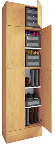 VCM Holz-Schuhschrank | Maße: H. 240 x B. 70 x T. 39 cm| Allzweckschrank | 5 Fächer | 4 Drehtüren | Aufsatz mit 2 Türen | extra Schublade– Lona