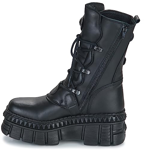 NEW ROCK Stivali Donna Piattaforma Fibbie Spiedini Cerniera Nero TANK Metallic Collection Black Woman Boots M.WALL373-S6, Nero , 37 EU