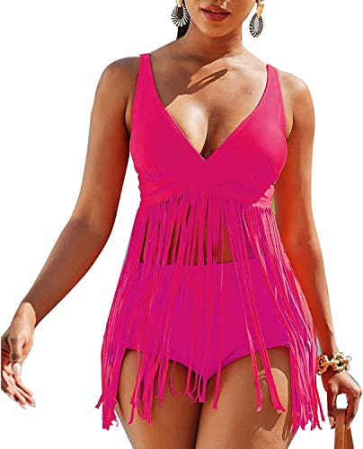chuangminghangqi Costumi Donna Rosa Tankini Mare Curvy Bikini Mare con Frange Vita Alta Costume da Bagno a Due Pezzi con Top a V con Imbottitura e Pantaloncini Corti (Rosa,L)