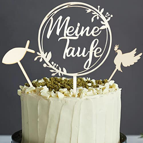 WANYIG 3pcs Cake Topper Taufe Holz Tortendeko Torten Topper Meine Taufe Personalisiert Tortenstecker Tortenfigur Taube Fisch Kuchen Deko Party Dekoration für Junge Mädchen (A)