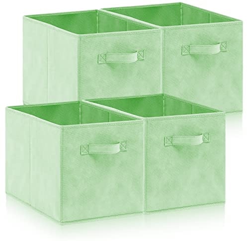 Hibtn Set of 4 Foldable Storage Box, 33 x 38 x 33 cm, Fabric with Handles Storage Cubes And Cloth Storage Organizer Drawer For Closet And Toys Storage, Mint Green