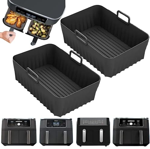 Silicone Air Fryer Liner 2-Pack for Ninja Duel AF451UK/AF400UK 9.5L /Tower T17088/Instant Vortex/Salter and All 8.5-9.5 Litre Dual Air Fryers, Ninja Double Stack Compatible