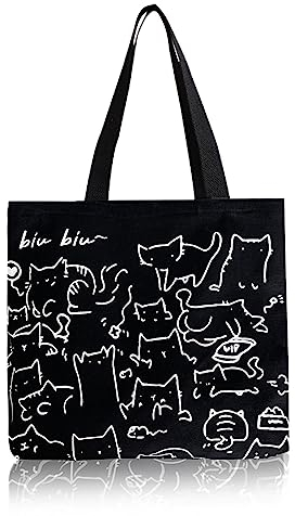 MIVAIUN Schwarze Katze Tragetasche,Faltbar Einkaufstasche mit Reißverschluss, Wiederverwendbare Nette Katze Tragetasche Leinwand Tragetasche,für Alltag Schule Einkauf Reisen (Schwarz)