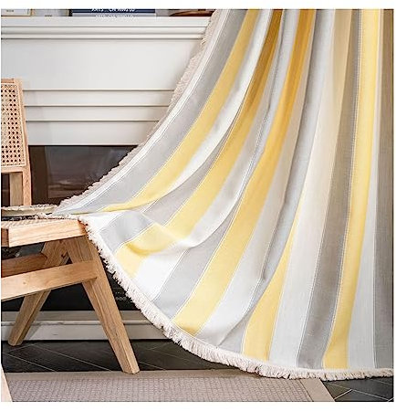 Homxi Gardinen Tüll 2er Set 2 x 132W x 60H cm,Gardinen Wohnzimmer Voile Gelb Grau Gestreift Gardinenband Haken