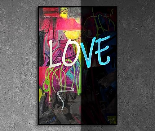 YS-Art XXL Abstrakt Fluoreszierendes selbst leuchtendes Acryl 3D Gemälde auf Leinwand Love handgemalt Wohndekor Pop Art modernes Bild echte Kunst 140x100 cm