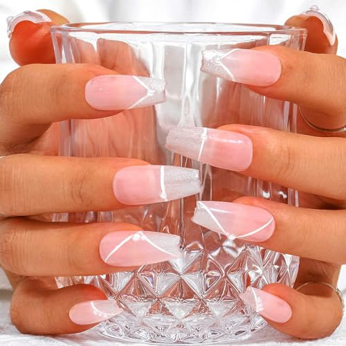 Sethexy Français Cercueil long Rose Faux ongles Fait main perle Faux ongles Acrylique Appuyez sur les ongles Peinte à la main Coller sur les ongles Qualité du salon pour les femmes et les filles(U)