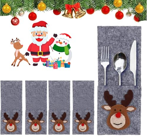 PTBWS Weihnachten Besteckhalter Taschen,Besteckhalter Weihnachten Filz,Weihnachtsmann Bestecktasche,Rentier Bestecktasche Weihnachten, Besteckhalter Weihnachten Set. (A)