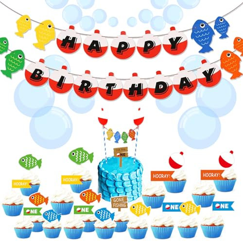 Gone Fishing Party Decoration Set for Boys - 2PCS Happy Birthday Banner with 21PCS The Big One Cake Topper and Cupcake Toppers - Little Fisherman Cute Fishing Theme First Birthday Party Supplies