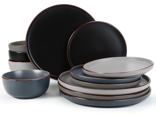 Famiware Mercury Dinnerware Sets, 12-Piece Kitchen Plates and Bowls Sets for 4, Stoneware Dinnerware Sets for 4, Dishes Set for 4, Microwave and Dishwasher Safe, Scratch Resistant, Matte Multi-color
