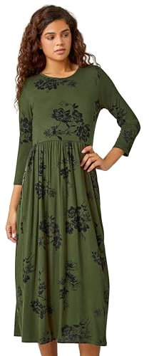 Roman Originals Midi Dress with Pockets for Women UK Ladies Stretchy Jersey Maxi Long 3/4 Length Sleeve Gathered High Waist Boho Flattering Skater Swing Fit Flare - Khaki Black - Size 10