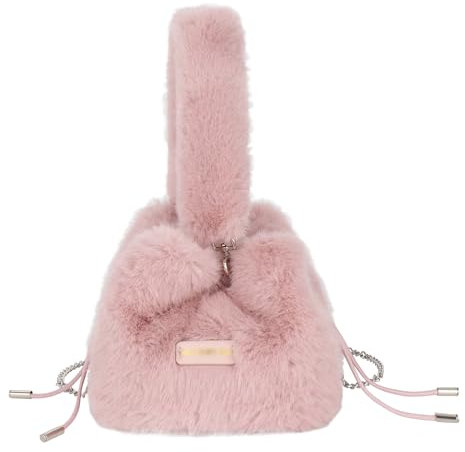 Meliyya Damen Fellimitat Schultertasche Plüsch Clutch Umhängetasche Flauschige Handtasche mit Kordelzug Plüsch Henkel Kette 16,5 * 17,5 * 15,5cm, Rosa