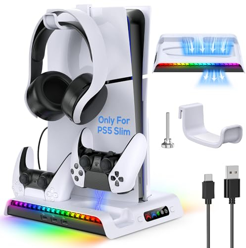 MENEEA PS5 Slim Stand and Strong Cooling Stand with Dual Controller Charging Station for PlayStation 5 Slim Disc/Digital Edition 2023 Console, PS5 Slim Accessories with 3-Level Cooling Fan & RGB Light