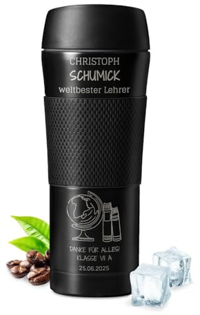 Maverton Kaffeebecher mit Gravur 450 ml, Reisebecher mit Anti-Rutsch-Griff | Und Quick-Press-Verschluss, Thermobecher Edelstahl auslaufsicher 100% dicht, für Männer zum Geburtstag, schwarz, Globus
