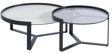 Vente-unique - Tables Basses gigognes en Verre trempé fumé, céramique et métal - Effet marbre Blanc et Noir - ZERILA de Maison Céphy