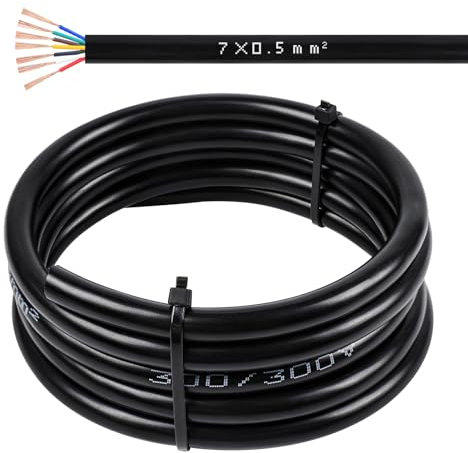 Qiping 15 Metri 7 Fili x 0,5 mm² Cavo Auto Rotondo Flessibile - Cavo Guaina Nera 12 V/24 V/48 V/60 V per Rimorchio Auto