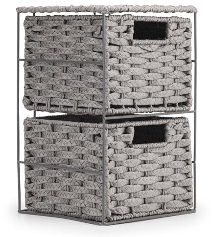 EHC Drawers Storage Unit Baskets, 2 Drawer Wicker Hand-Woven Storage boxes Shelves, Ideal For Organising Home or Office - Grey 20 x 22 x 33 cm