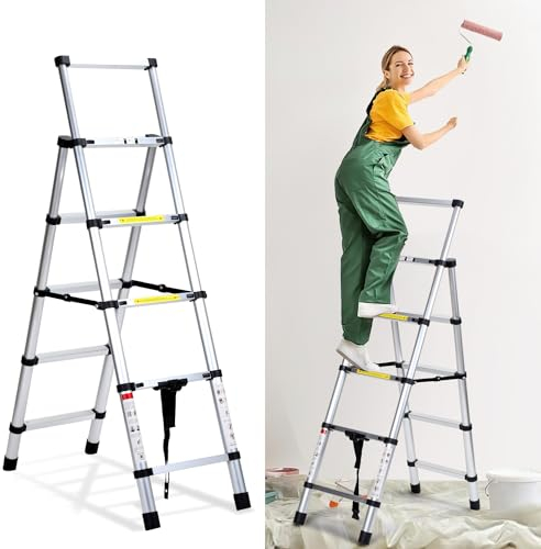 Jiubiaz Teleskopleiter Klappleiter, 1.4M+1.7M Aluminiumleiter A-Rahmen 4+5 Sprossen, Rutschfester Mehrzweckleiter Ausziehbare Leiter, Haushaltsleiter, Max Belastung 150 kg