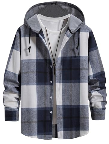 Iris Sprite Herren Hemd Kapuzenhemd Kapuzenpullover Langramshirt Kariert Freizeithemd Spleißhülse Shirt (Navy blau-A111, M)