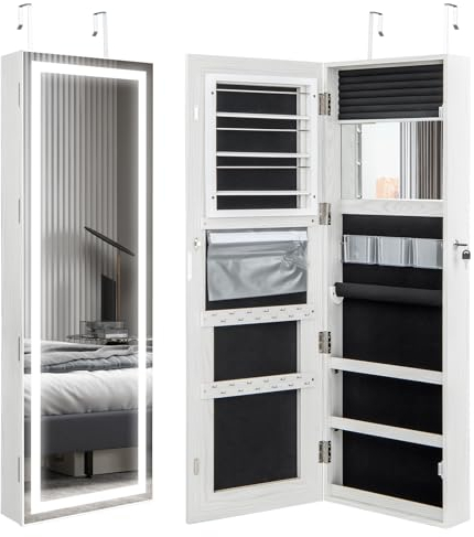 COSTWAY Schmuckschrank hängend, Spiegelschrank abschließbar mit Dreifarbige LED Beleuchtung & Innenspiegel, Schminkschrank Wandmontage für Schlafzimmer Ankleidezimmer, weiß