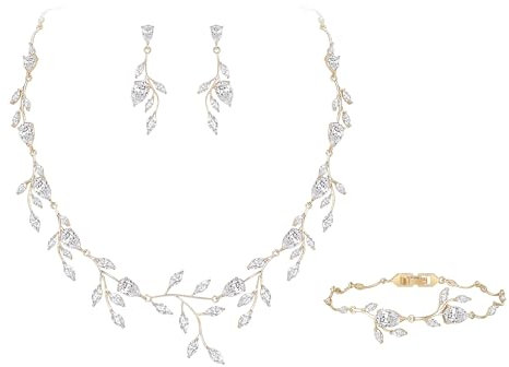 EVER FAITH Hochzeit Schmuck für Braut Damen Brautjungfer, Zirkonia birnenförmig Geburtsstein Blatt Halskette Armband Ohrringe Set für Prom Klar Gold-Ton