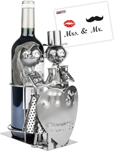 BRUBAKER Porte- Bouteille de Vin Just Married Couple de Mariés - Sculpture en Métal Porte-Bouteilles Paire de Mariés - Cadeau de Vin pour Mariage - Porte-Bouteilles avec Carte Cadeau